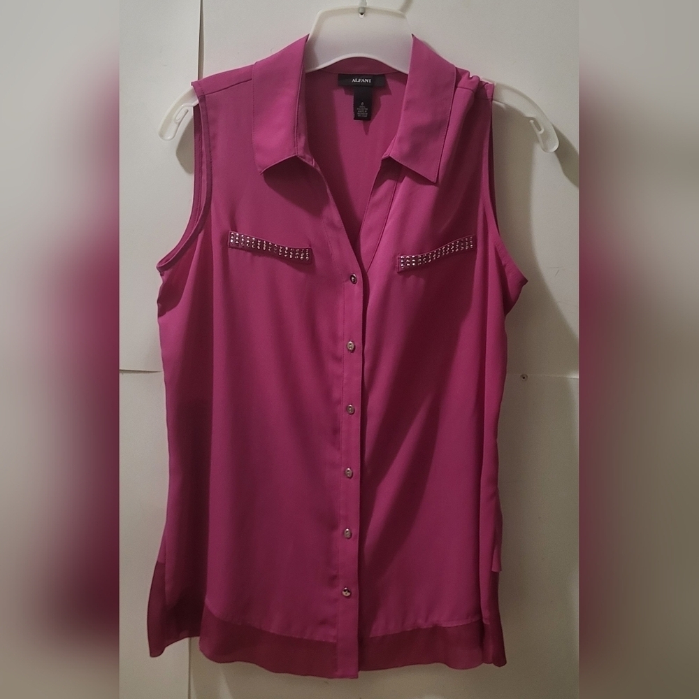 Alfani Top, Fuchsia Pink, Rhinestones Designs, Tier Chiffon Bottom, Women Size 8